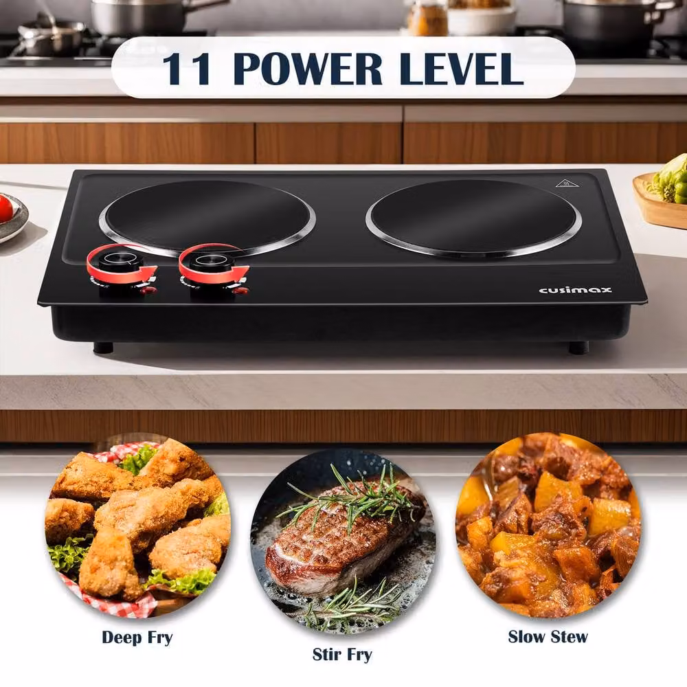 Cusimax Black and Silver 2400W Dual Burner Infrared Hot Plate with Ceramic Cooktop, W: 53 cm – 7