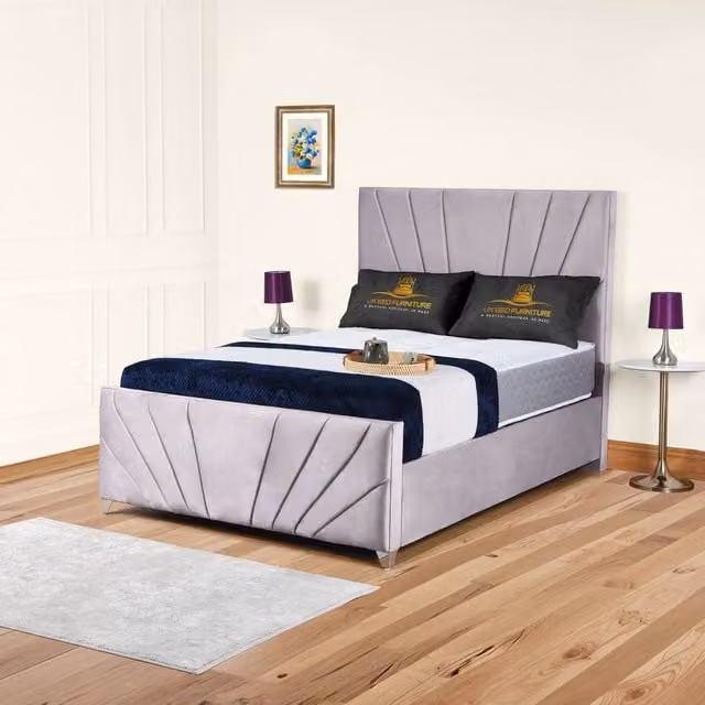 UK Bed Furniture Sunrise Silver Velvet Upholstered Gas Lift Storage Bed, W/D/H: 140 x 200 cm