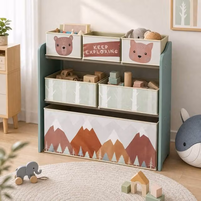STILVORA Kids Storage Unit with 6 Green Fabric Bins
