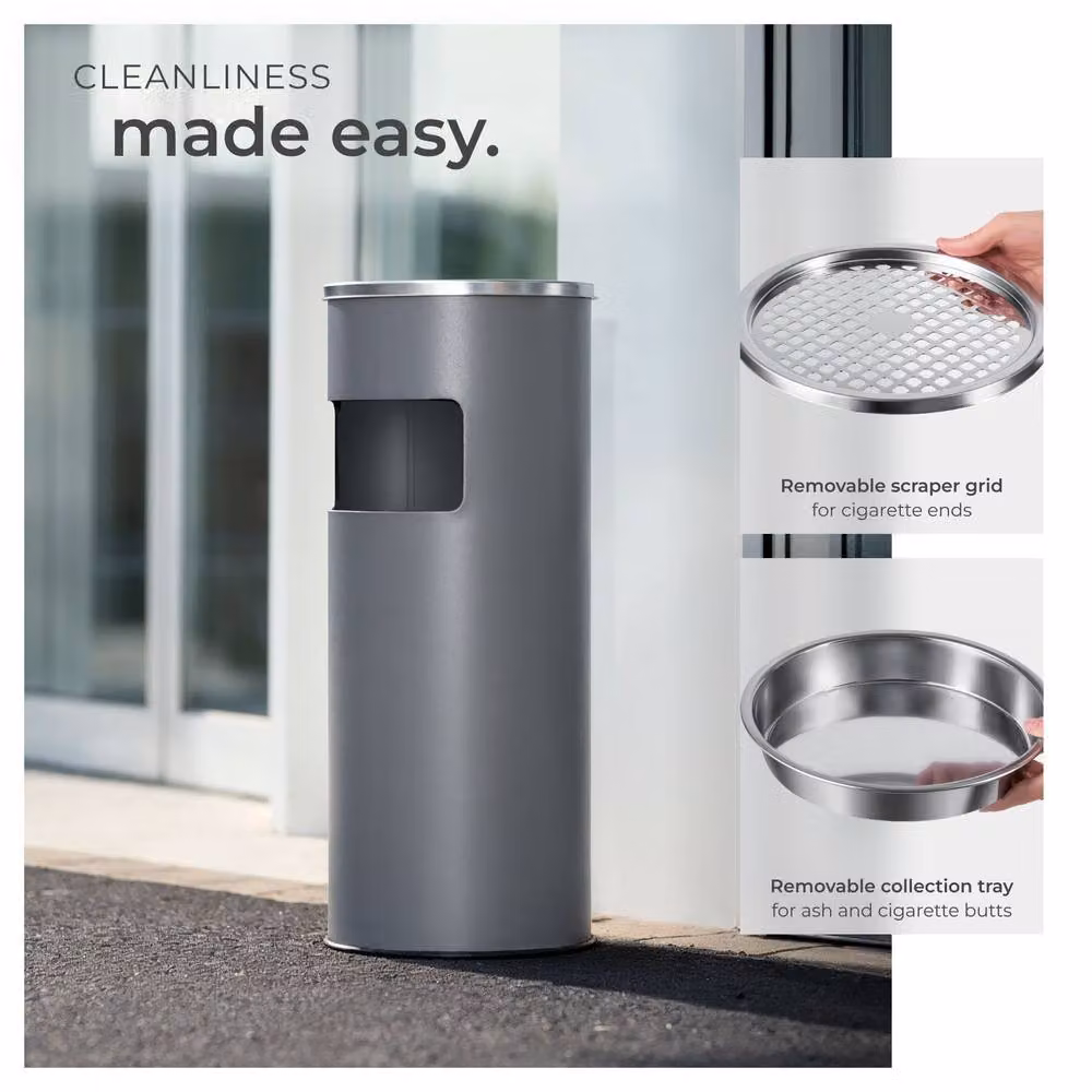 tectake Freestanding Metal Floor-Standing Ashtray in Grey with Removable Inner Bucket, H: 61.0 cm, W: 25.0 cm, D: 2.0 cm – 4