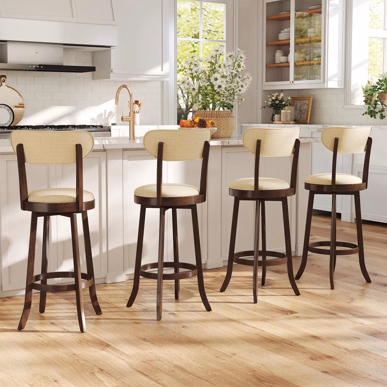 Costway Set of 2 Beige Swivel Counter Height Stools with Fabric Upholstery and Rubberwood Legs – 5