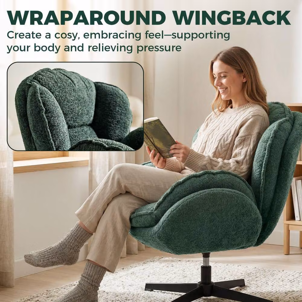STILVORA Modern Green Velvet Wingback Armchair with 360 Degree Swivel and Black Metal Frame – 4
