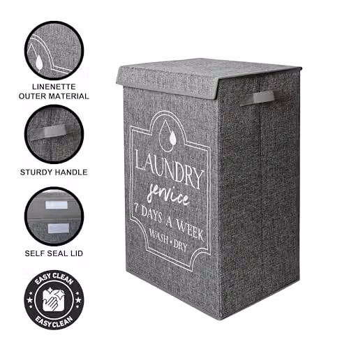 MantraRaj Collapsible Fabric Laundry Basket with Lid and Handles, Dark Grey, W/D/H: 40 x 30 x 60 cm – 2