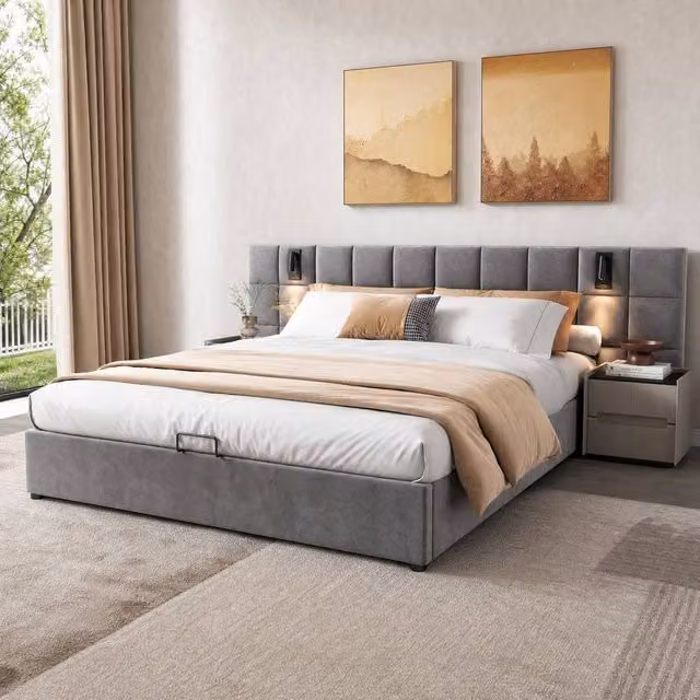 STILVORA Grey Upholstered Double Bed with Storage, USB Charging Port and Integrated Reading Light, W/D/H: 140 x 200 x 135 cm – 1
