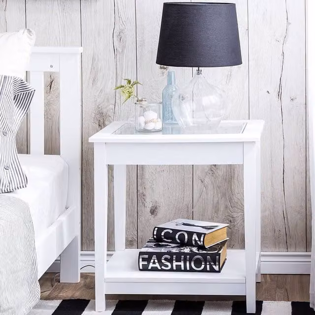 Wyld and Coco White Glass-Top Side Table with One Shelf, W/D/H: 40 x 40 x 61 cm