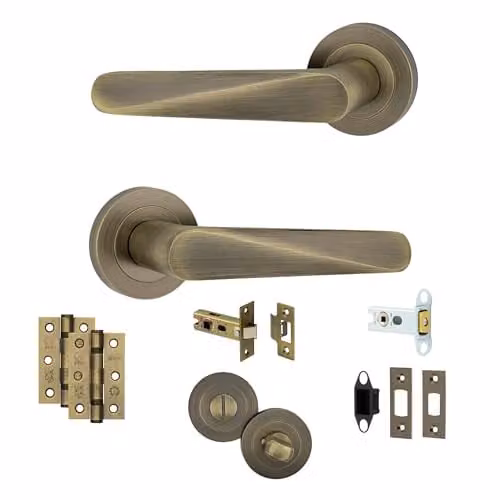 AXS Hardware Detroit Aluminium Door Handles on Rose in Antique Brass with Bathroom Door Pack