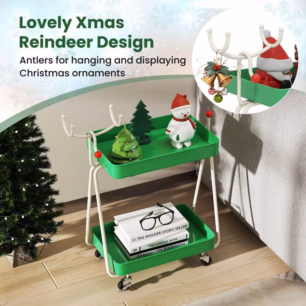 Gymax 2-Tier Reindeer Christmas Rolling Cart Side Table in Green – 4