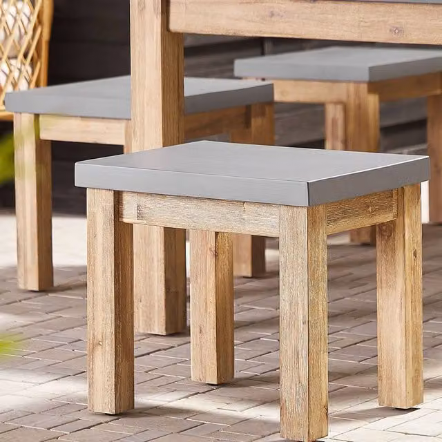 Wyld and Coco Grey Fibre Cement Outdoor Garden Stool with Acacia Wood Base, H 50 cm x W 40 cm x D 45 cm – 1