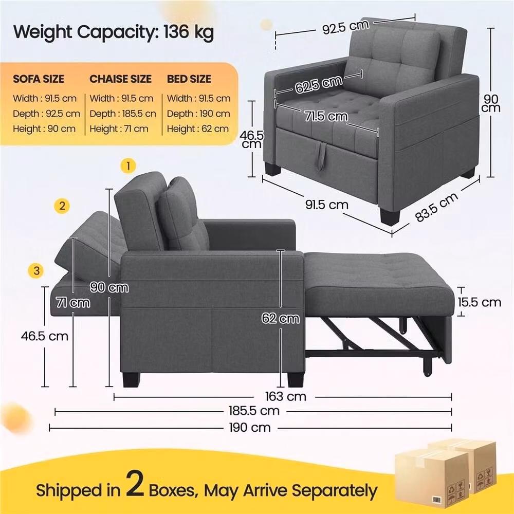 PAWNORA 3-in-1 Convertible Sleeper Chair Bed in Grey with Metal Frame and Armrests – 3