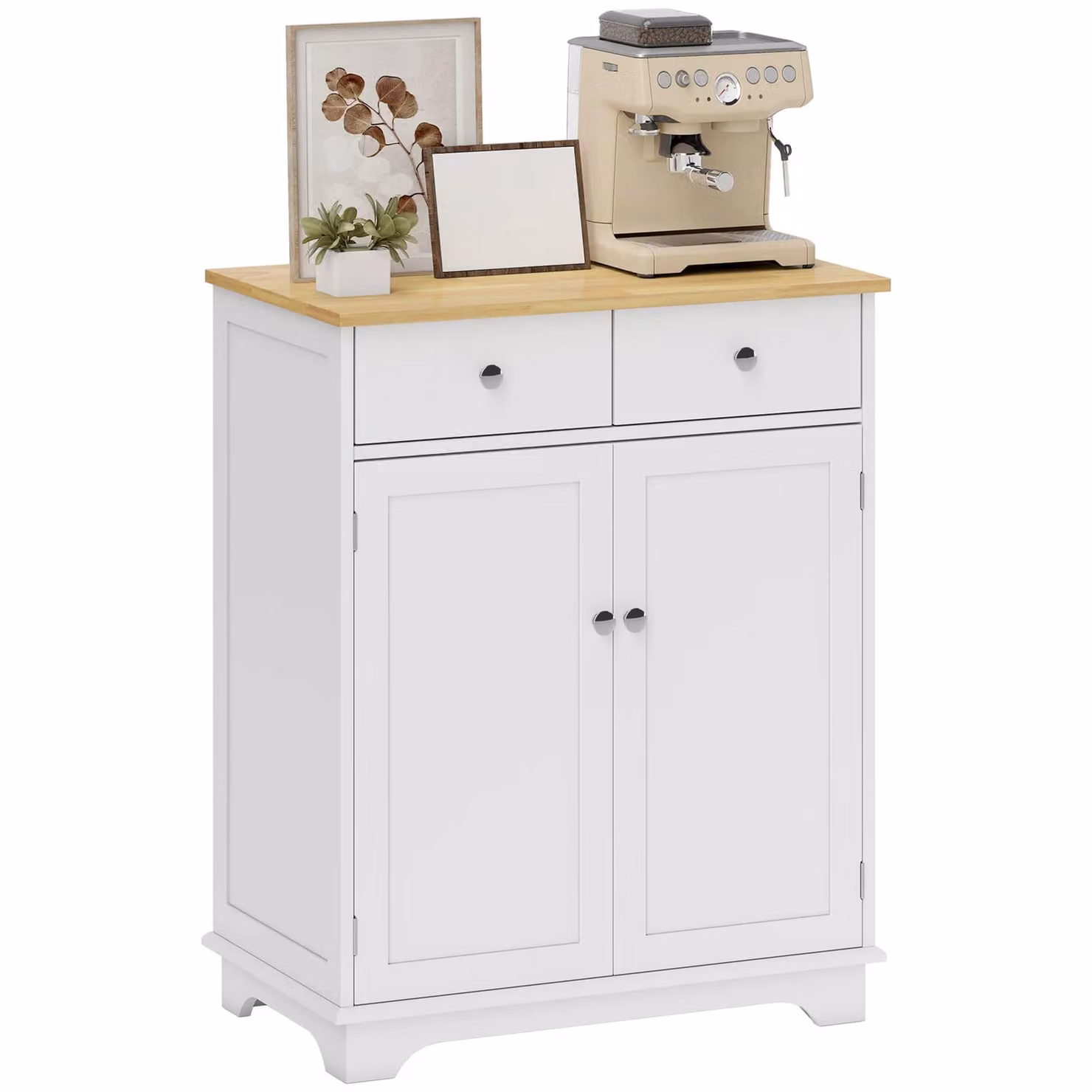 HOMCOM Kitchen Storage Cabinet Cupboard Organiser with Rubberwood Top in White – 2