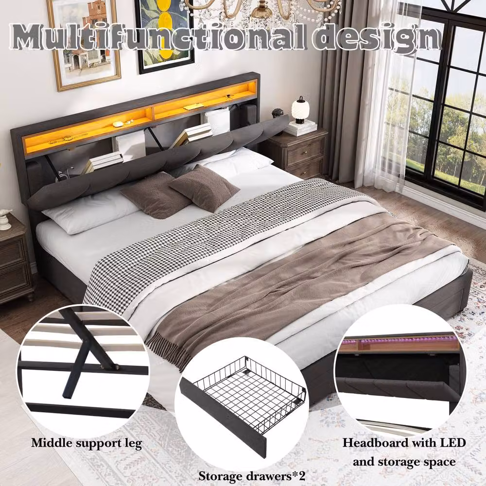 BTM Grey Fabric Upholstered Super King Bed with LED Under-Bed Lighting and Storage Drawers, W/D/H: 200 x 135 x 135 cm – 4