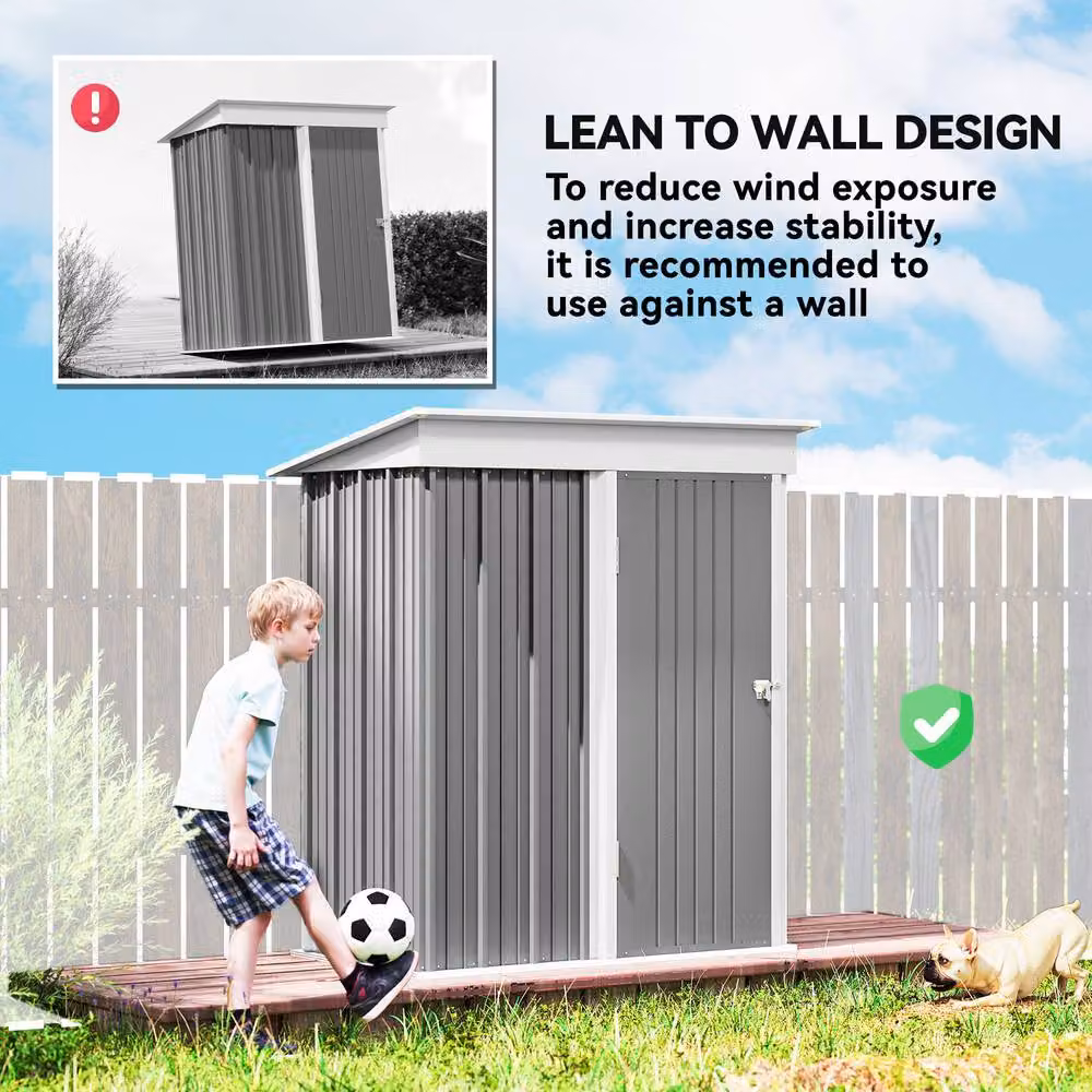 Rolipo Grey Metal Lean-To Pent Garden Shed with Shelving and Lock, W/D/H: 152.4 x 91.44 x 182.88 cm – 6