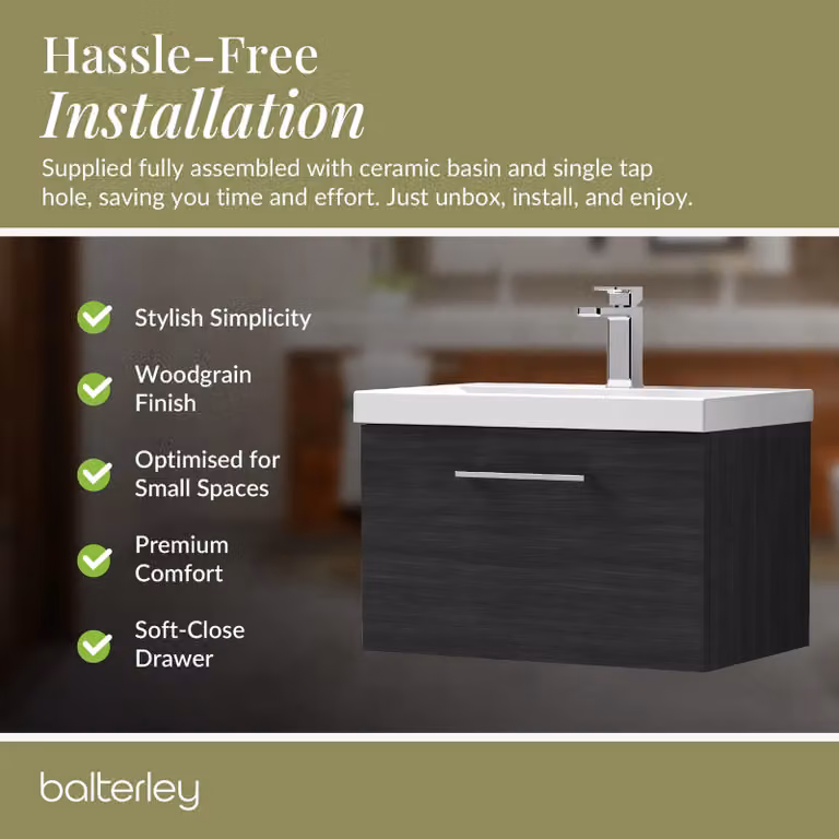 Balterley Satin Green and Black Wall Hung Bathroom Vanity Unit with 2 Soft Close Drawers, Width: 61 cm