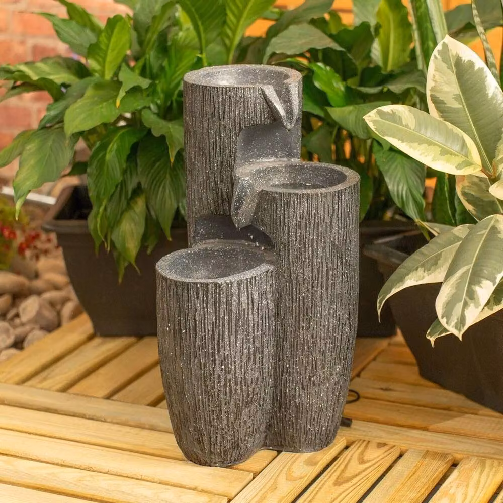 FLAVORA Solar Powered Grey Stone Cascade Water Fountain Feature – 4
