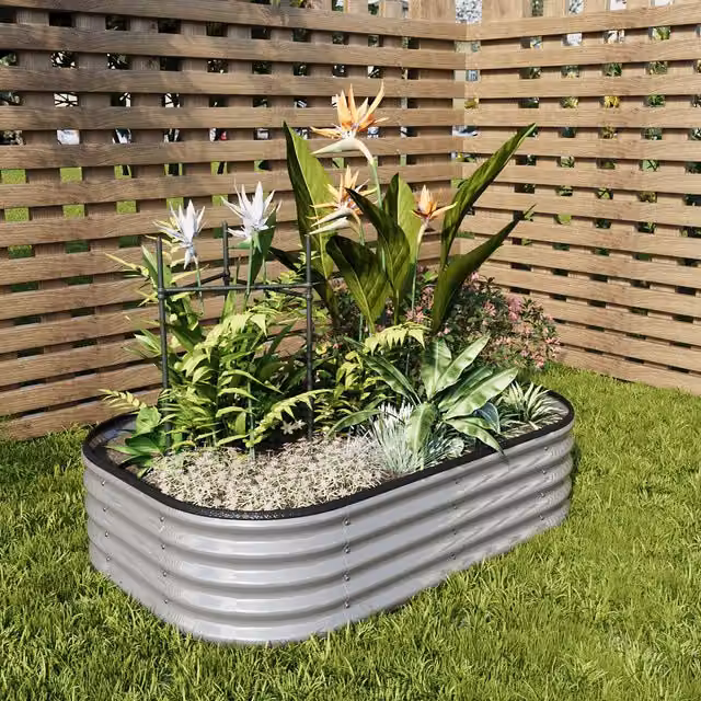 Livingandhome Oval Galvanised Steel Raised Garden Bed in Silver, W/D/H: 120 x 120 x 30 cm