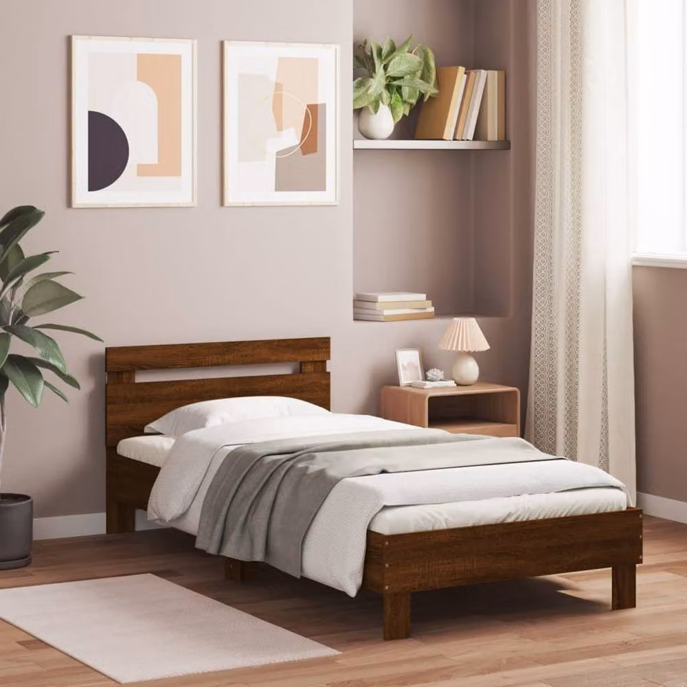 Berkfield Home Modern Bed Frame in Brown Oak with LED Under-Bed Lighting and USB Charging Port, W/D/H: 100 x 200 cm – 2