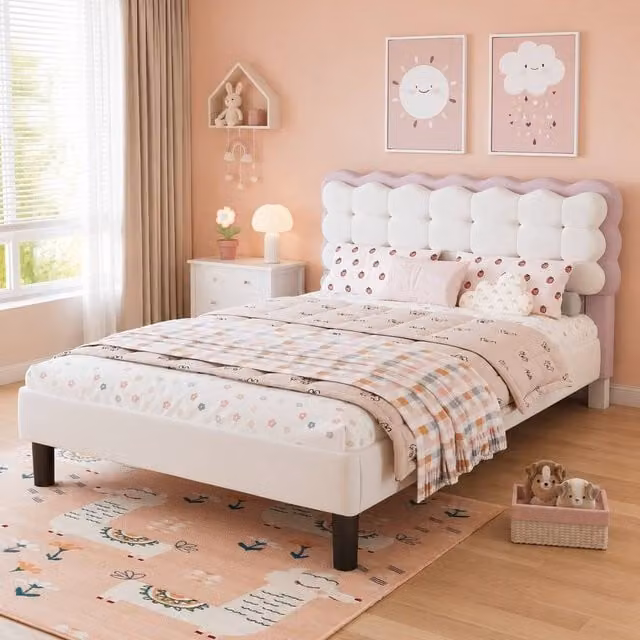 STILVORA Double Upholstered Velvet Bed in Beige, W/D/H: 140 x 200 cm – 1