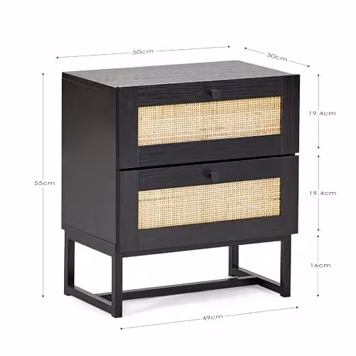 Julian Bowen Padstow Black and Rattan 2 Drawer Bedside Table, W/D/H: 40 x 30 x 55 cm – 2