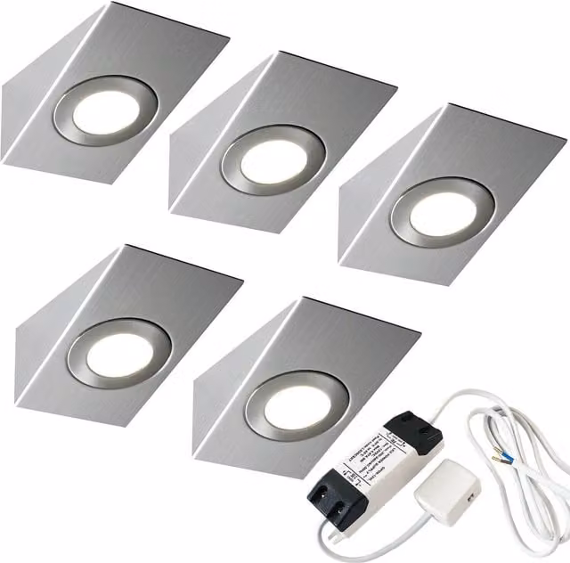 Loops 5x Brushed Nickel Wedge Surface Under Cabinet Kitchen LED Light and Driver Kit in Silver