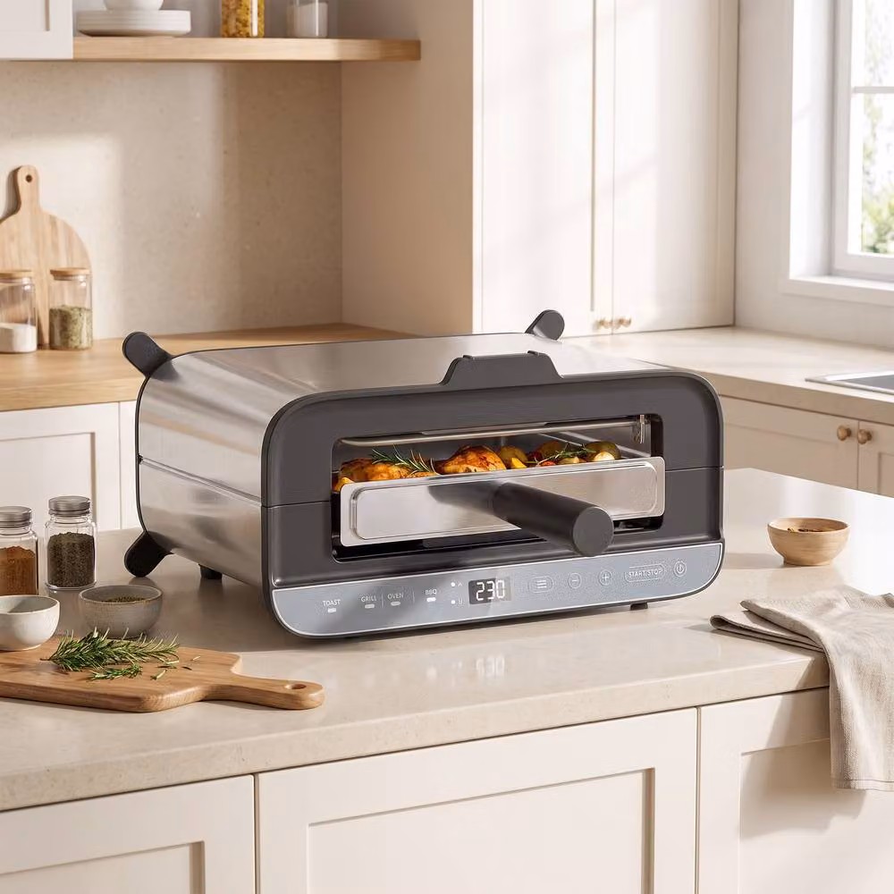 HOMCOM 3-in-1 Electric Mini Oven, Long Slot Toaster and Tabletop Grill with Digital Display in Silver Stainless Steel – 2