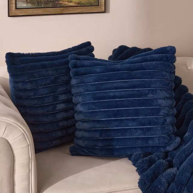OHS Faux Fur Thick Ribbed Cushion Covers in Navy Blue, Pack of 4, W/D/H: 45 x 45 x 45 cm