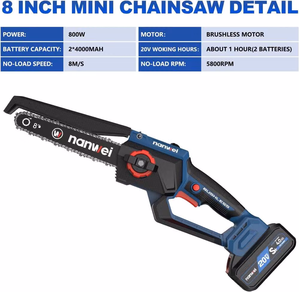 NANWEI 8 Inch Cordless Mini Chainsaw in Blue and Multicolour with 2 Batteries and 2 Chains – 6
