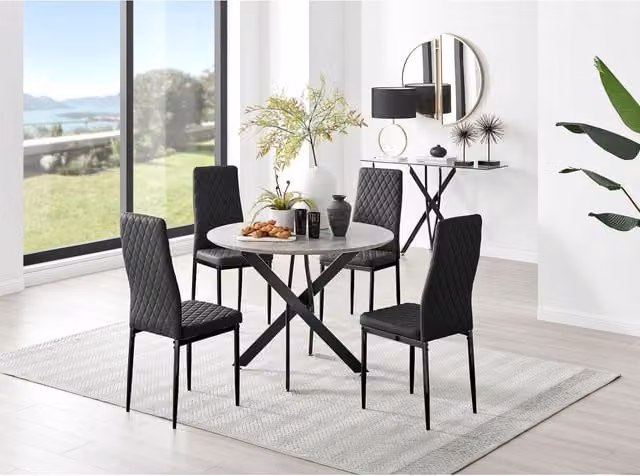 FurnitureboxUK Novara Grey Concrete Round Dining Table and 4 Milan Black Leg Chairs Set