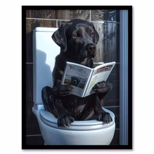 Artery8 Black Labrador Reading on Toilet Funny Dog Lover Framed Wall Art Print, A4