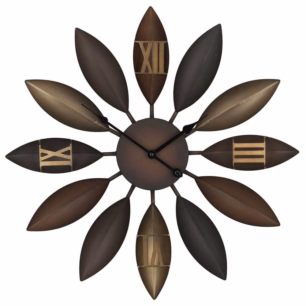 Wyld and Coco Distressed Brown Iron Floral Wall Clock with Silent Quartz Movement, Diameter: 55 cm – 1