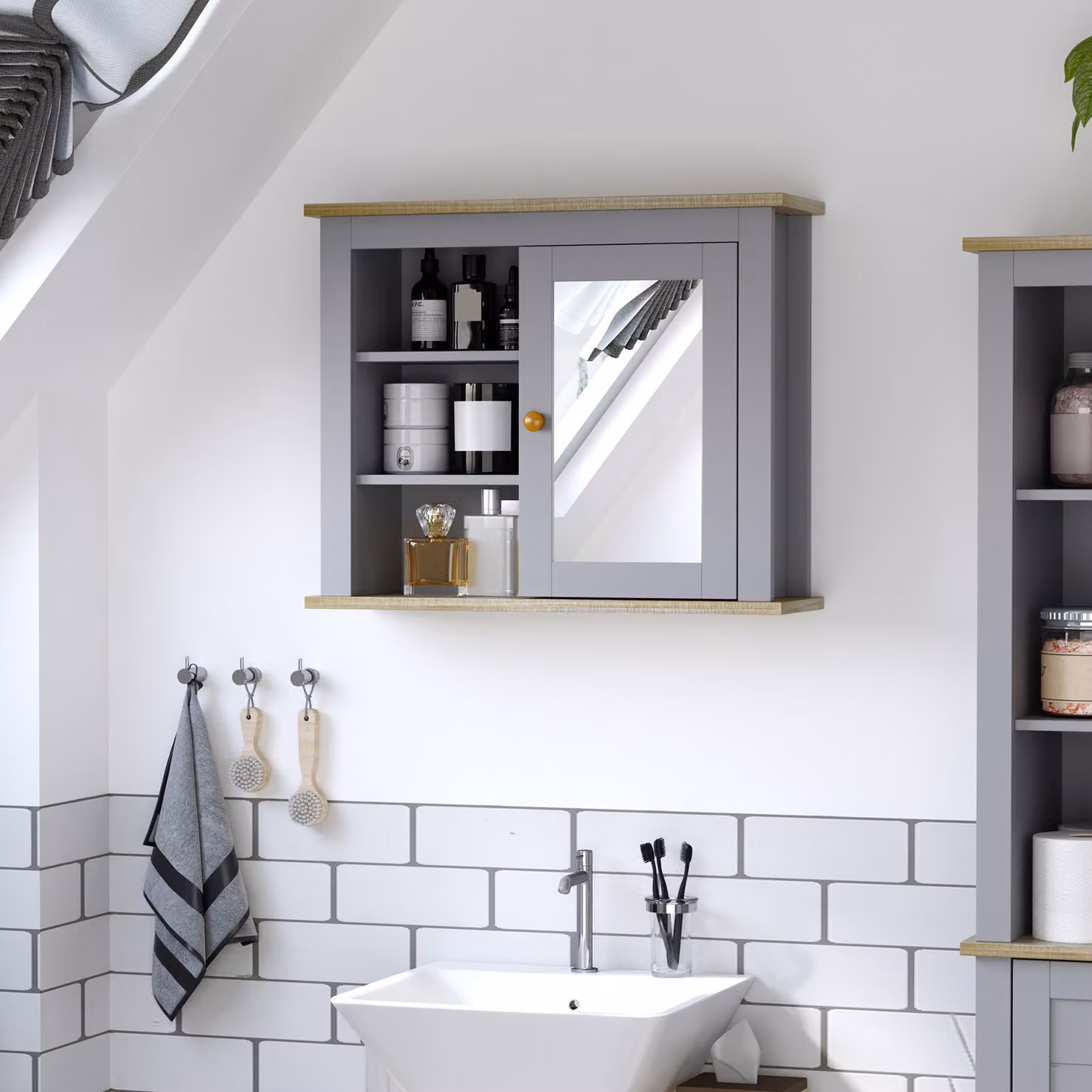 Kleankin Wall-Mounted Mirror Cabinet in Grey with Hinged Doors and Internal Shelves – 2