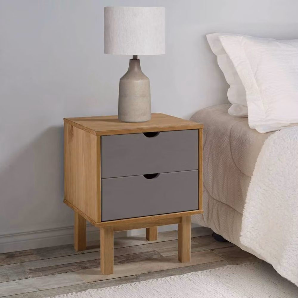 Berkfield Home OTTA Bedside Cabinet in Brown and Grey Solid Pine Wood, W: 46 cm, D: 39.5 cm, H: 57 cm – 2