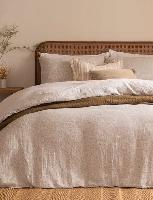 YARD Perrie Leaf Pure Cotton Muslin Bedding Set, Natural Multicolour Floral Design, W: 180 cm, L: 200 cm