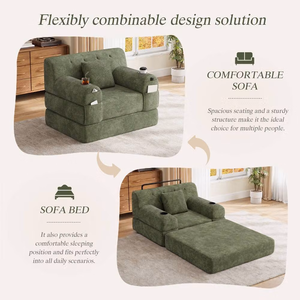 BTM Green Corduroy 1 Seater Sleeper Sofa Chair with Armrests and Cup Holders – 3