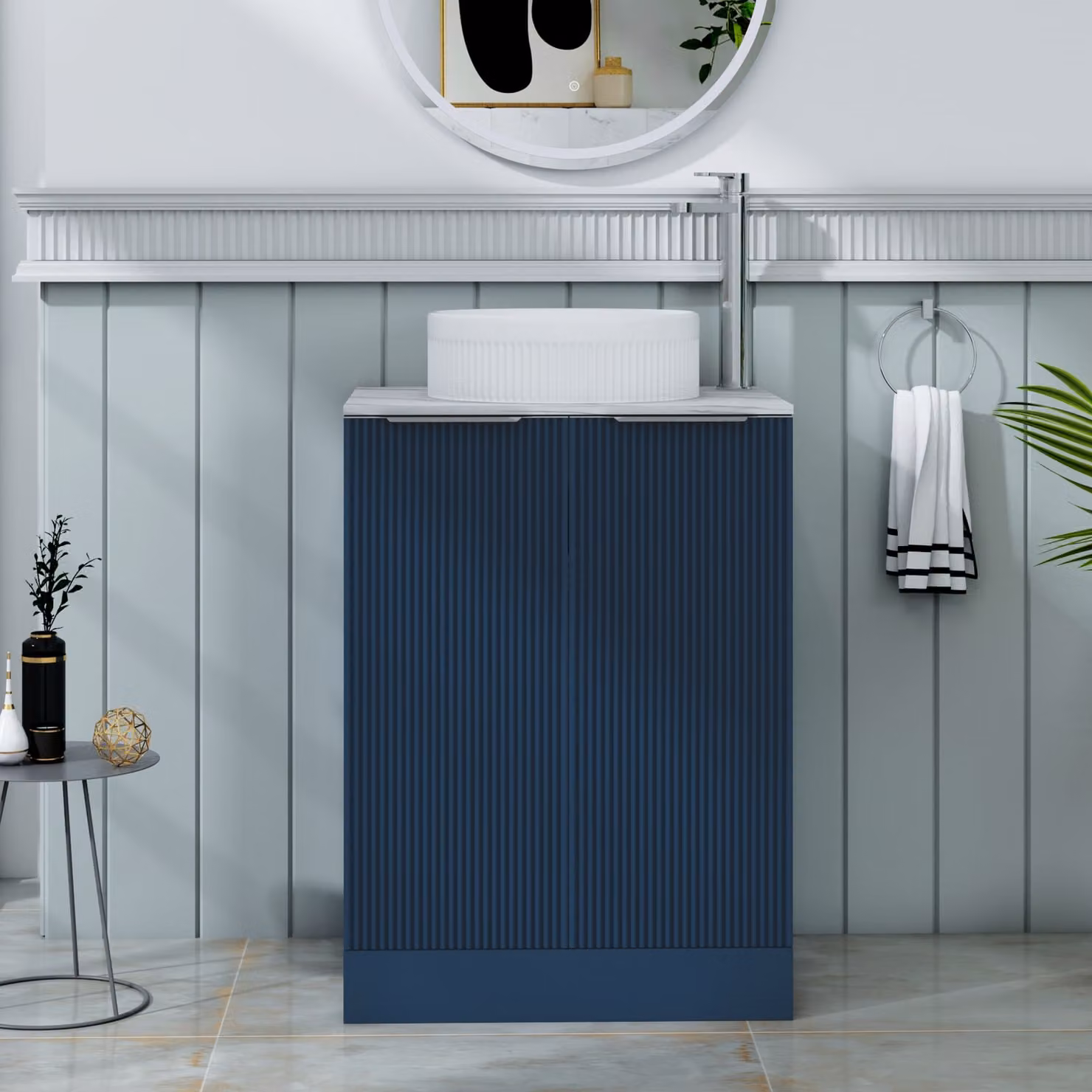 Royal Bathrooms Evora Midnight Blue Fluted Floor Standing Countertop Vanity Unit with Round Basin and 2 Soft Close Doors