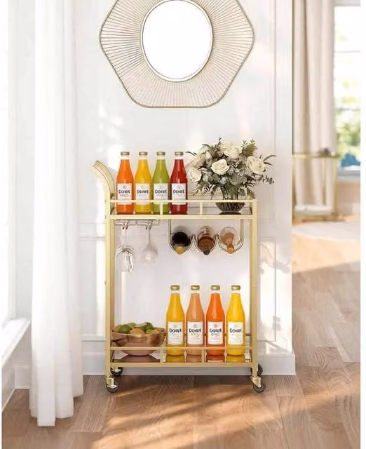 The Bazaarist Gold Drinks Trolley with Glass Shelves and Castors, H 90.0 x W 66.0 x D 40.0 cm