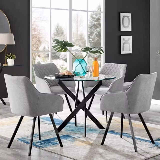 FurnitureboxUK Novara Round Glass Dining Table and 4 Falun Chairs in Black and Light Grey