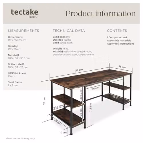 tectake Industrial Computer Desk with Storage Shelves in Brown, W: 137 cm, D: 55 cm, H: 75 cm – 3