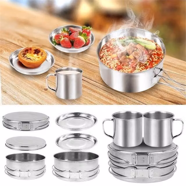 VOGREX 8-Piece Stainless Steel Hiking Cookware Set in Silver – 1