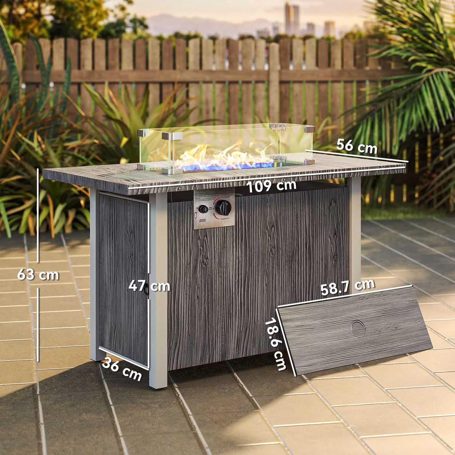 Outsunny Gas Fire Table Pit with Stainless Steel Burner, Glass Screen and Cover, Dark Grey, W/D/H: 109 x 63 x 56 cm – 3