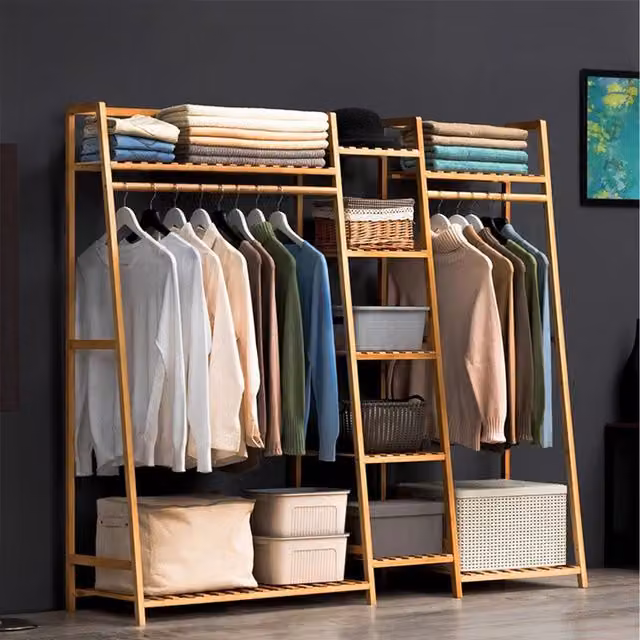 Komore Yellow Bamboo A-Frame Coat Rack with Multi-Tier Storage Shelves