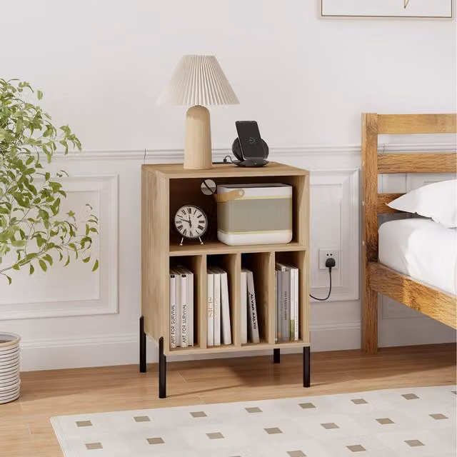 COSTWAY Modern Freestanding Vinyl Record Holder in Brown with Back Panel