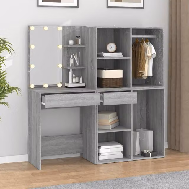 Berkfield Home LED Dressing Table with Cabinets in Grey Sonoma Engineered Wood, W: 140.0 cm, D: 40.0 cm, H: 60.0 cm