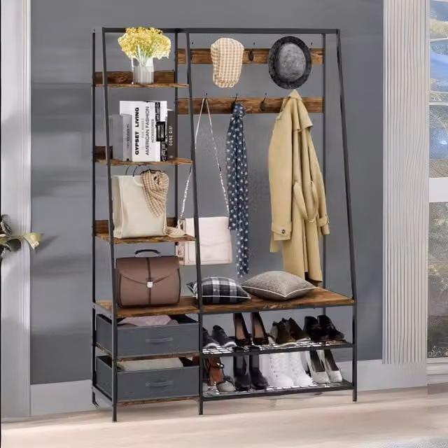 Rafaelo Mobilia Industrial Hall Tree Coat Rack Stand with 2 Fabric Drawers and 9 Hooks, Dark Brown, H 179 x W 40 x D 40 cm