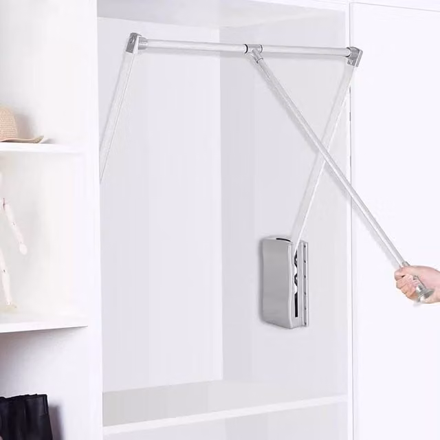 Kelvenix Adjustable Width Lift and Pull Down Wardrobe Clothes Hanging Rail in Silver – 1
