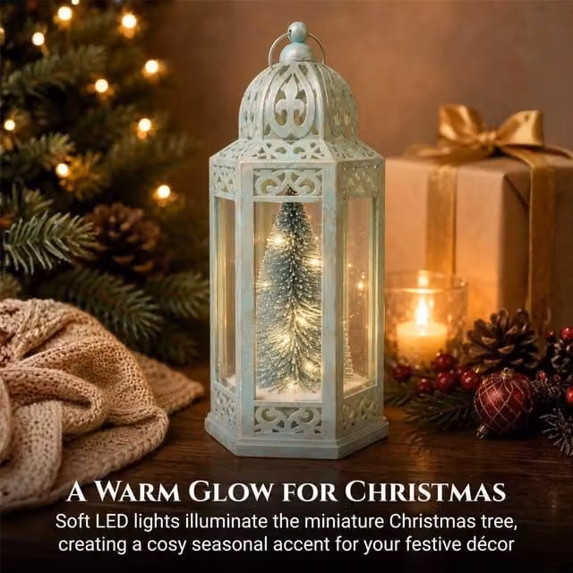 Shatchi Green Vintage Hexagonal LED Christmas Tabletop Lantern, Height: 30 cm