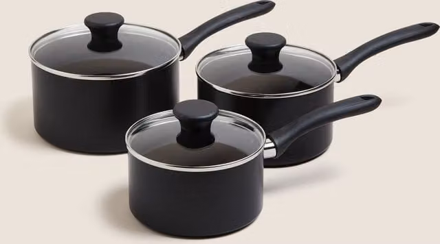 M&S 3 Piece Black Non Stick Aluminium Pan Set with Lids
