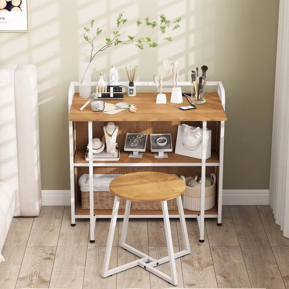 FORGEVIO Modern Space Saving Writing Table with Stool and Shelf in Brown – 5