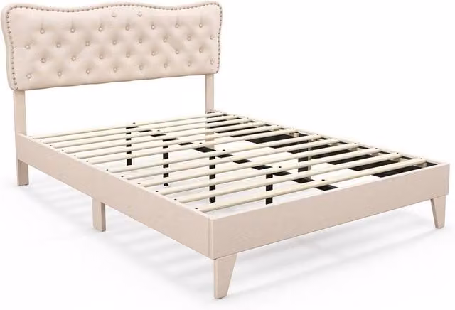 NESTLUNE King Size Upholstered Platform Bed Frame in Beige with Wooden Slats, W/D/H: 180 x 200 cm