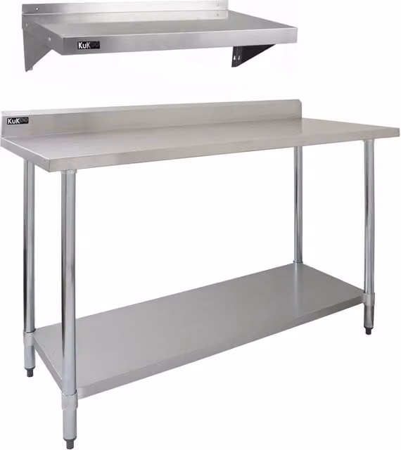 Monstershop Stainless Steel Catering Bench and 2 x Wall Mounted Shelves, Silver, W: 152.4 cm, H: 90.0 cm, D: 3.0 cm