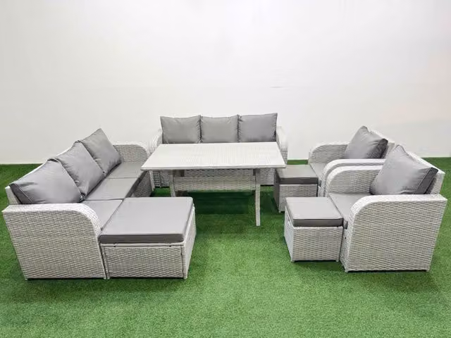 Fimous PE Rattan High Back Lounge Sofa and Rectangular Dining Set in Light Grey with 3 Seater Sofa, Reclining Chair and 3 Stools